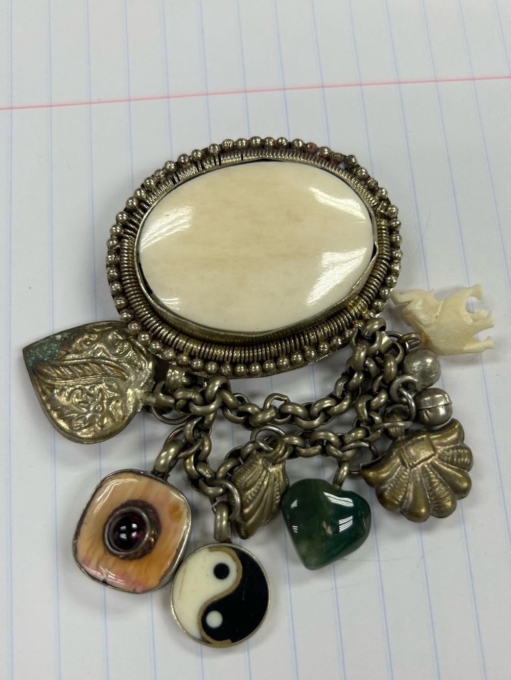 Vintage Handmade Tibetan Silver Brooch with Bone Center and Multicolor Charms